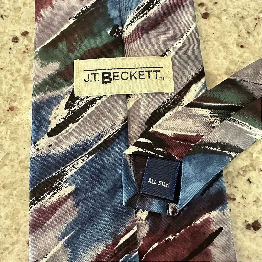J T Becket Men's Silk Tie Multicolor Geometric Designer Classic Length‎ - Picture 3 of 5